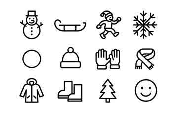 Fototapeta premium Snow Day Icons. Snow day fun. Line icon set of snow day fun: snowman, sled, child playing, snowflake, snowball, hat, gloves, scarf, coat, boots, tree, smiling