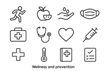 Fototapeta premium Wellness Line Icons. Wellness and prevention. Line icon set of Wellness and prevention: exercise figure, nutrition icon, hand washing, face mask, first aid