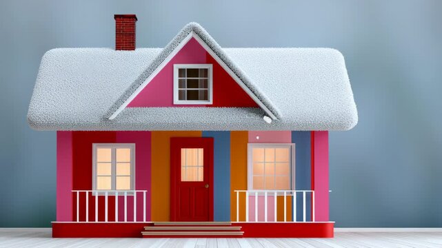 Small house with a red roof and a pink door. The house is painted in different colors, giving it a unique and playful appearance