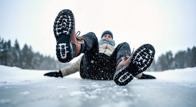A person slipping and falling on a slippery frozen ice surface in winter. Low angle view with focus on the boot soles during the accident. Danger and safety concept