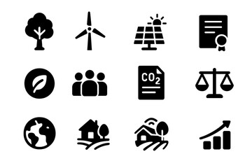 Carbon Offset Icons. Carbon offset projects. Solid icon set of Carbon offset projects: tree planting, renewable energy, wind turbine, solar panel, verified