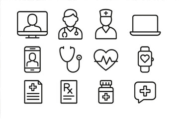 E-Health Icon Set. E-health consultation. Line icon set of e-health consultation: video call, doctor, nurse, laptop, smartphone, stethoscope, heart monitor,