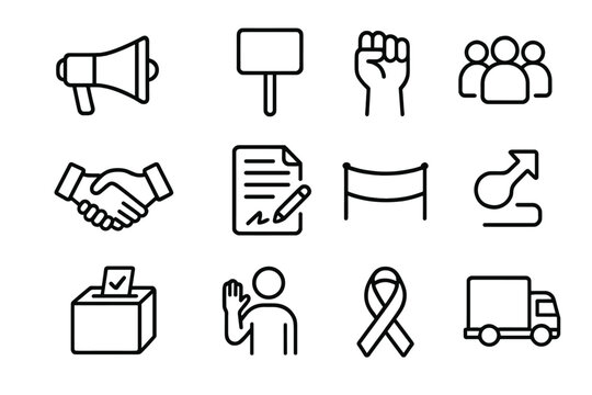 Grassroots Movement Icons. Grassroots movements. Solid icon set of grassroots movements: people group, raised fist, megaphone, banner, star, flag, heart,
