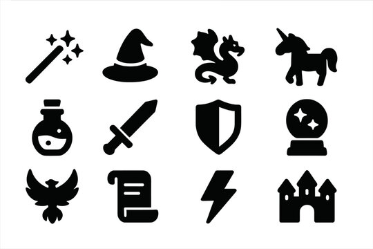 Modern Magic Icons. Modern Magic. Solid icon set of Modern Magic: magic wand, wizard hat, dragon, unicorn, potion bottle, sword, shield, crystal ball, phoenix,