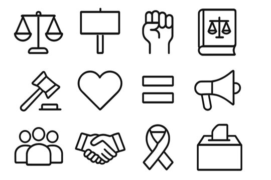 Social Justice Icons. Social justice. Line icon set of Social justice: scales of justice, protest sign, raised fist, law book, gavel, heart, equality symbol,