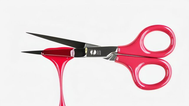 Pair of scissors with red handles and a red tip. The tip is covered in red nail polish