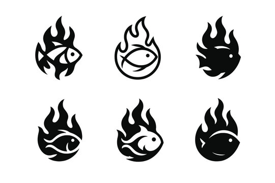 Spicy Seafood Icons. Spicy seafood. Icon set. Set Logo of Spicy Seafood: crab surrounded by fiery elements. harmonious logo variations of the same emblematic