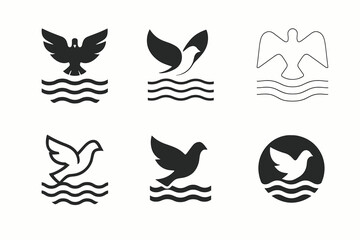 Baptism Icon Set. The significance of baptism in Christian faith. Icon set. Set Logo of baptism: dove descending over flowing water. harmonious logo variations