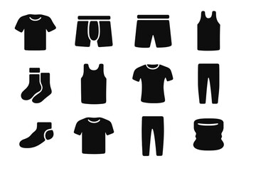 Seamless Menswear Icons. Seamless Menswear. Solid icon set of Seamless Menswear: base layer tee, boxer brief, trunks, long johns, crew socks, tank vest,