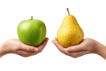 Two hands hold a green apple and a yellow pear