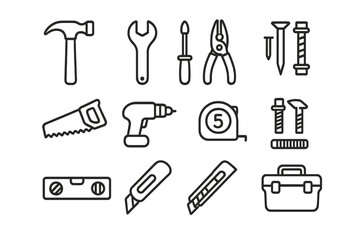 Obraz premium Hardware Tool Icons. Hardware tools. Line icon set of Hardware tools: hammer, wrench, screwdriver, pliers, saw, drill, tape measure, nails, bolts, level,