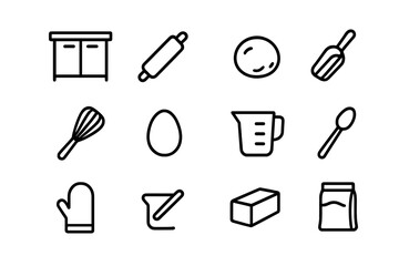 Baking Prep Icons. Baking preparation. Line icon set of baking preparation: countertop, rolling pin, dough ball, flour scoop, whisk, egg, measuring cup, spoon,