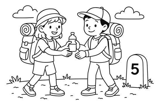 Travelers Sharing Kindness. Gratitude and kindness on the road children?s coloring book illustration, outlined drawing, travelers sharing water and helping