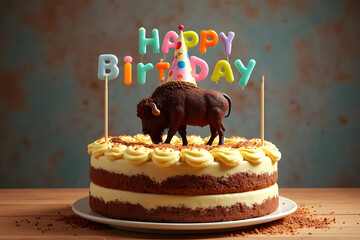 Happy Birthday Funny Buffalo on Rainbow Letter Cake