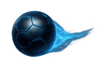 Soccer ball flying fast leaving a glowing blue flame trail, dynamic sport and energy graphic element, transparent background