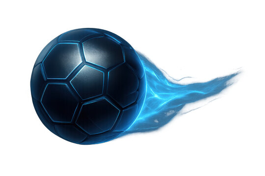 Soccer ball flying fast leaving a glowing blue flame trail, dynamic sport and energy graphic element, transparent background - Powered by Adobe