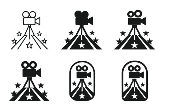 Hollywood Boulevard Logos. Hollywood Boulevard. Icon set. Set Logo of Hollywood Boulevard: clapboard merged with boulevard map grid. harmonious logo variations