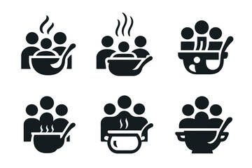 Family Meal Logos. Sharing a family meal. Icon set. Set Logo of sharing a family meal: cooking pot shared between hands. harmonious logo variations of the same
