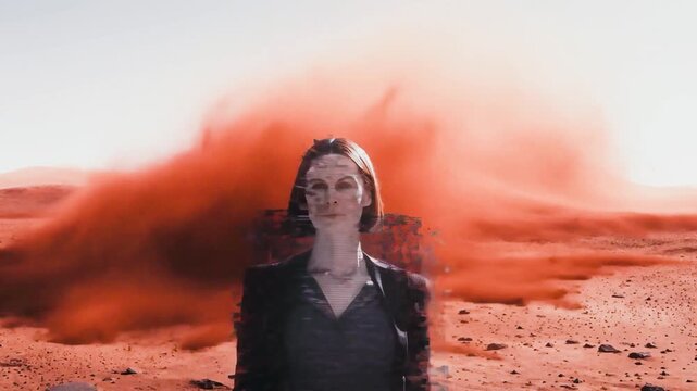 leader explorer woman Mars master glitch president traveler data silhouette digital sand storm red planet travel