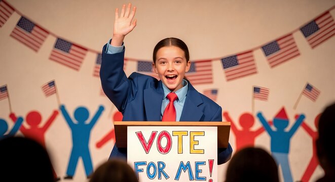 Enthusiastic young girl dressed as politician gives campaign speech. Child candidate at podium with 'Vote For Me' sign and American flags. Youth leadership and future elections - Powered by Adobe