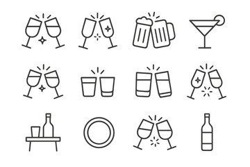 Clinking Glass Icon Set. Glass clink. Line icon set of glass clink: wine glass, champagne flute, beer mug, cocktail glass, martini glass, shot glass, whiskey