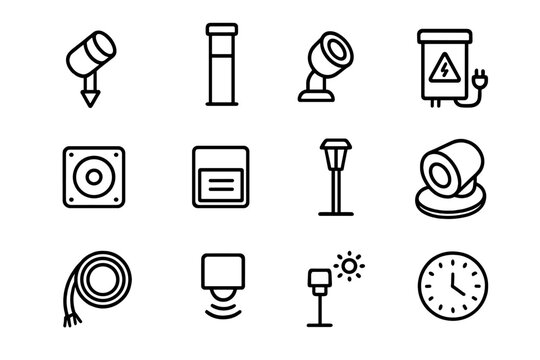 Landscape Lighting Icons. Landscape lighting. Line icon set of landscape lighting: garden spotlight, pathway bollard, tree uplight, pond light, deck light,