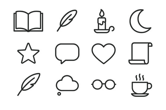 Storytelling Icon Set. Storytelling. Line icon set of Storytelling: open book, quill, candle, moon, star, speech bubble, heart, scroll, feather, dream cloud,