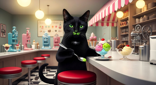 Black Cat's Sweet Treat An Ice Cream Delight in a Retro Diner Setting with Vivid Colors and Whimsical Style