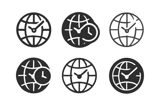 Time Zone Icons. Time zone awareness tools. Icon set. Set Logo of Time zone awareness tools: Calendar with global time. harmonious logo variations of the same