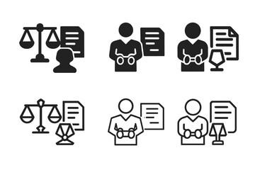 Crime Scene Icons. Person Arrested on Suspicion of Crime. Icon set. Set Logo of Arrest Scene: legal scales and document. harmonious logo variations of the same