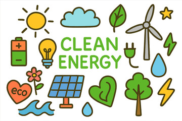 Colorful Clean Energy Doodle. Clean Energy. Colorful Hand-drawn doodle Children illustration Clean Energy sun, cloud, leaf, battery, light bulb, solar panel,