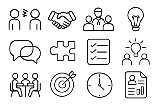 Conflict Resolution Icons. Conflict Resolution. Line icon set of Conflict Resolution: handshake, dove, heart, flag, scale, document, peace symbol, olive