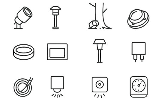 Landscape Lighting Icons. Landscape lighting. Line icon set of landscape lighting: garden spotlight, pathway bollard, tree uplight, pond light, deck light,