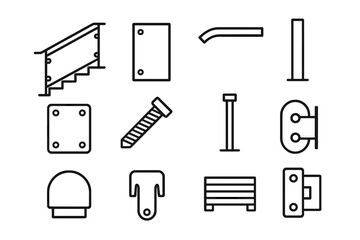 Glass Railing Icon Set. Glass railing. Line icon set of glass railing: glass panel, handrail, post, base plate, bolt, screw, wall bracket, end cap, stair,