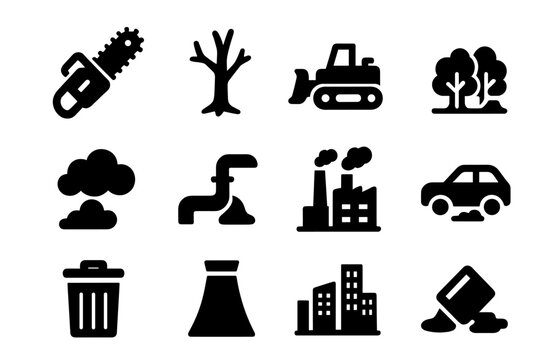 Deforestation Icons Set. Deforestation. Solid icon set of Deforestation: chainsaw, dead tree, bulldozer, forest removal, smoke, pipeline, factory, car, trash,