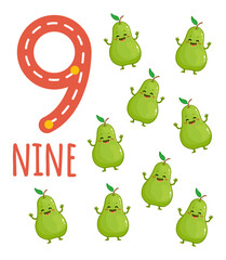 number nine for kids with nine cute cartoon pear. Learning to count. Math game with fruits for preschool and school children. Vector