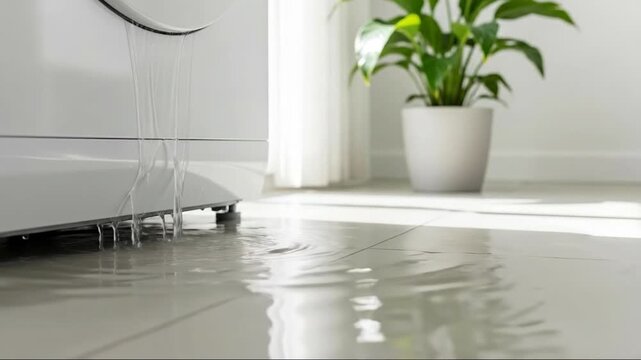 Water leaking from washing machine onto tiled floor, causing flood damage. Illustrates problem of home appliance malfunction, leading to water damage and potential insurance claims.