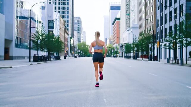 fitness training urban runner blond running woman city street tower run legging back view athlete sportswoman