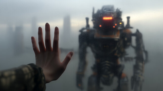 Hand touches foggy window as giant robot looms outside in misty futuristic cityscape, evoking emotion and tension.