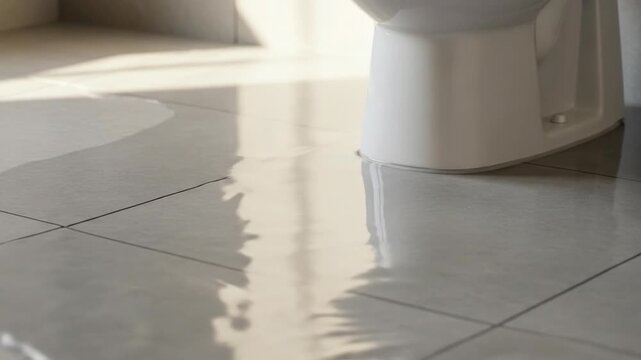 Leaking toilet with water on floor suggests plumbing issues. Image symbolizes home repair problems and potential need for urgent solutions.