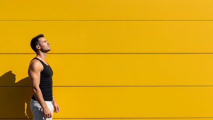 Bright Full Body Shot of a Athletic Man Against Yellow Wall