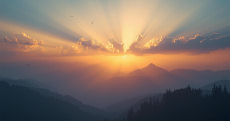 Stunning sunrise casts golden rays over misty mountain range, creating a serene and breathtaking...