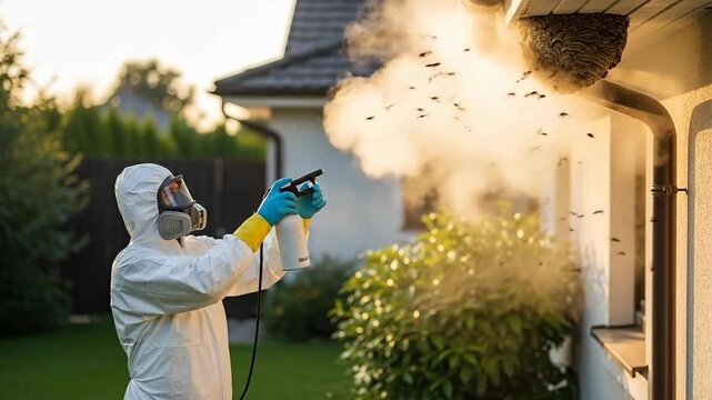 Exterminator spraying pesticide outside house, targeting wasp nest. Pest control services are essential for home maintenance and preventing infestations, ensuring safe living environments.