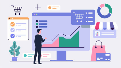 Obraz premium Symbolic E-Commerce Manager Monitoring Online Store Dashboard