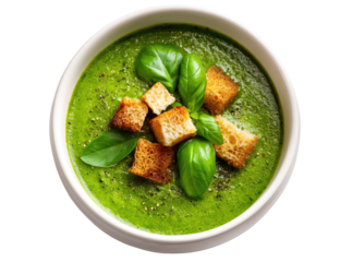 Creamy green soup, topped with toasted croutons and fresh basil leaves, in a white bowl