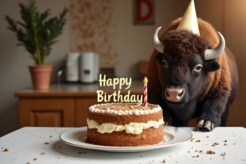 Happy Birthday Funny bison party cake celebration scene