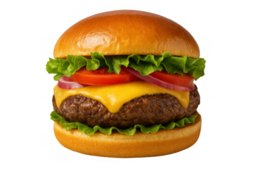 Classic beef cheeseburger layered with melting cheese, crisp lettuce, tomato, and red onion, offering a delicious fast food meal