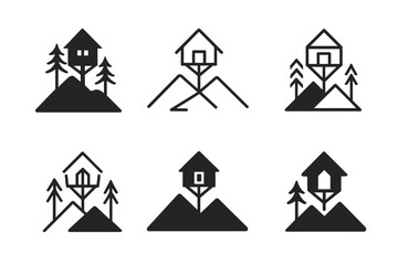 Eco-Lodge Logo Variations. Themed eco-lodges and off-grid retreats. Icon set. Set Logo of themed eco-lodges and off-grid retreats: solar-powered cabin.