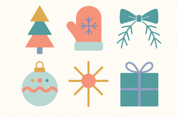 Stylized Christmas icon set featuring tree, mitten, ornament, gift, bow, and starburst. Flat design with pastel tones in red, green, blue, and orange. Ideal for holiday-themed creative projects.