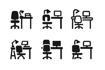 Workspace Logo Variations. Arranging a workspace with office supplies. Icon set. Set Logo of Arranging a workspace with office supplies: office chair beside a